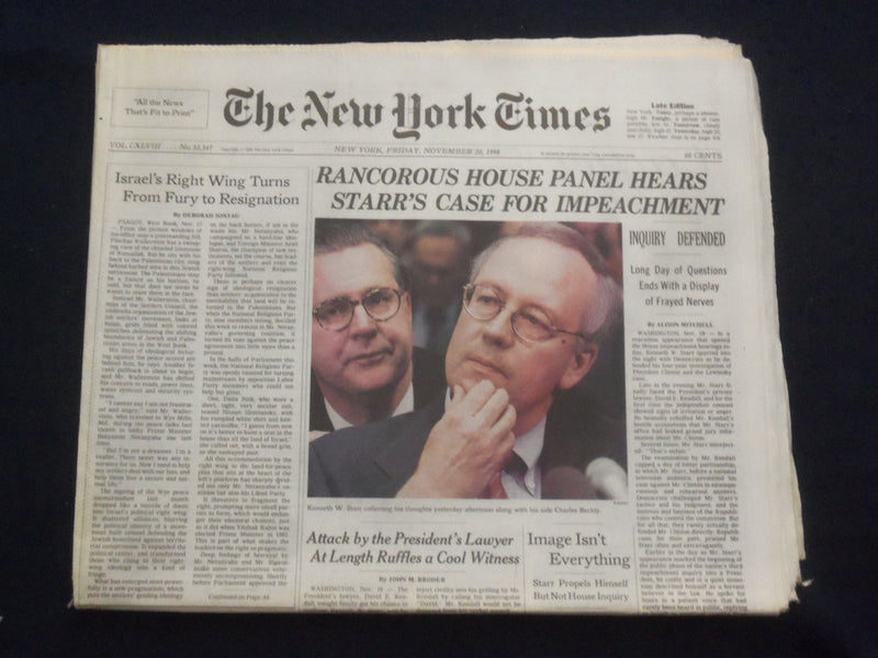 1998 NOV 20 NEW YORK TIMES NEWSPAPER - STARR'S CASE FOR IMPEACHMENT - NP 7095