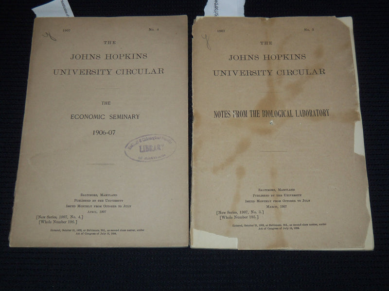 1907 JOHNS HOPKINS UNIVERSITY CIRCULAR LOT OF 2 - BALTIMORE MARYLAND - J 8076