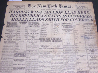 1920 NOVEMBER 3 NEW YORK TIMES - HARDING WINS MILLION LEAD HERE - NT 7115