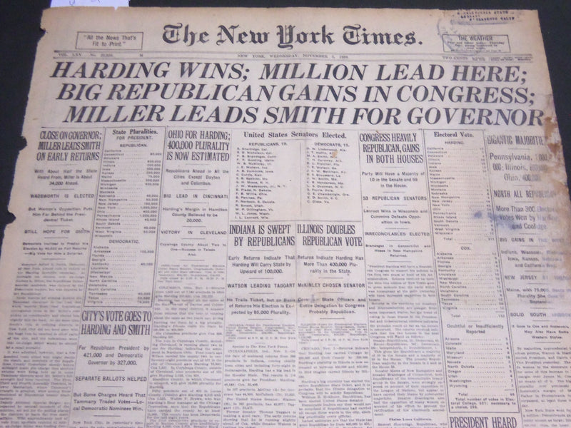 1920 NOVEMBER 3 NEW YORK TIMES - HARDING WINS MILLION LEAD HERE - NT 7115