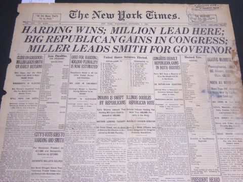1920 NOVEMBER 3 NEW YORK TIMES - HARDING WINS MILLION LEAD HERE - NT 7115