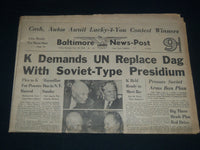 1960 SEPT 23 BALTIMORE NEWS-POST NEWSPAPER - K DEMANDS UN REPLACE DAG - NP 3753
