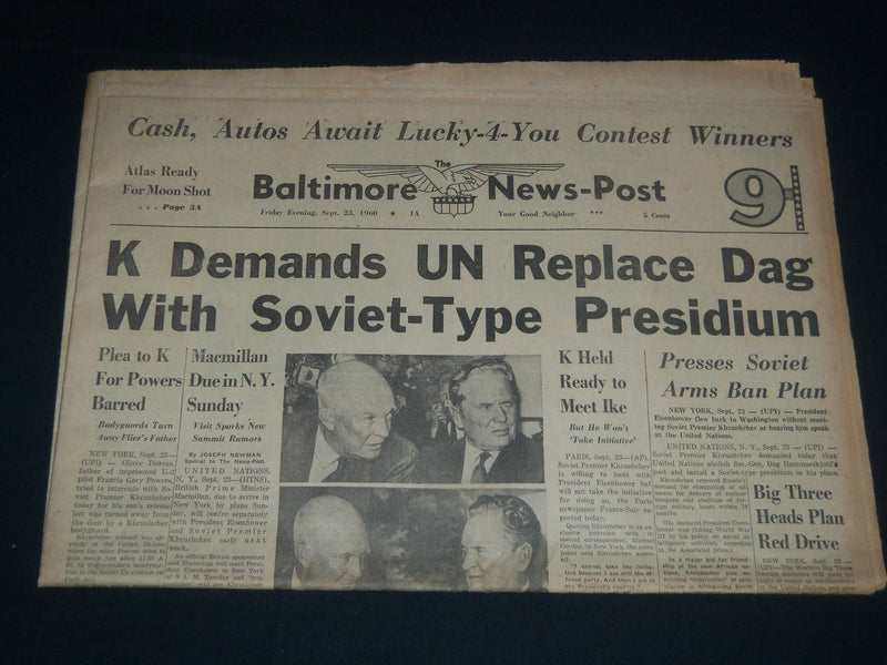 1960 SEPT 23 BALTIMORE NEWS-POST NEWSPAPER - K DEMANDS UN REPLACE DAG - NP 3753