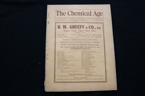 1922 NOVEMBER 4 THE CHEMICAL AGE MAGAZINE - R.W. GREEFF & CO. COVER - SP 4924S