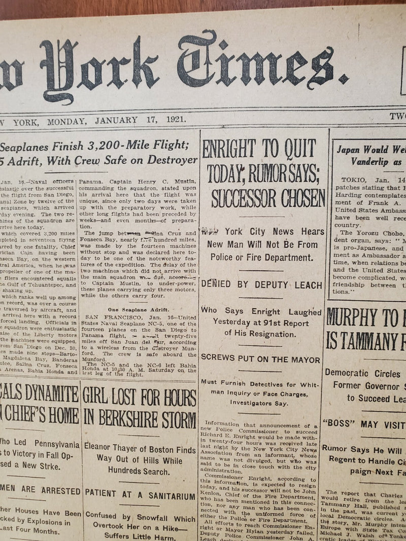1921 JANUARY 17 NEW YORK TIMES - COMMISSIONER ENRIGHT TO QUIT TODAY - NT 8096
