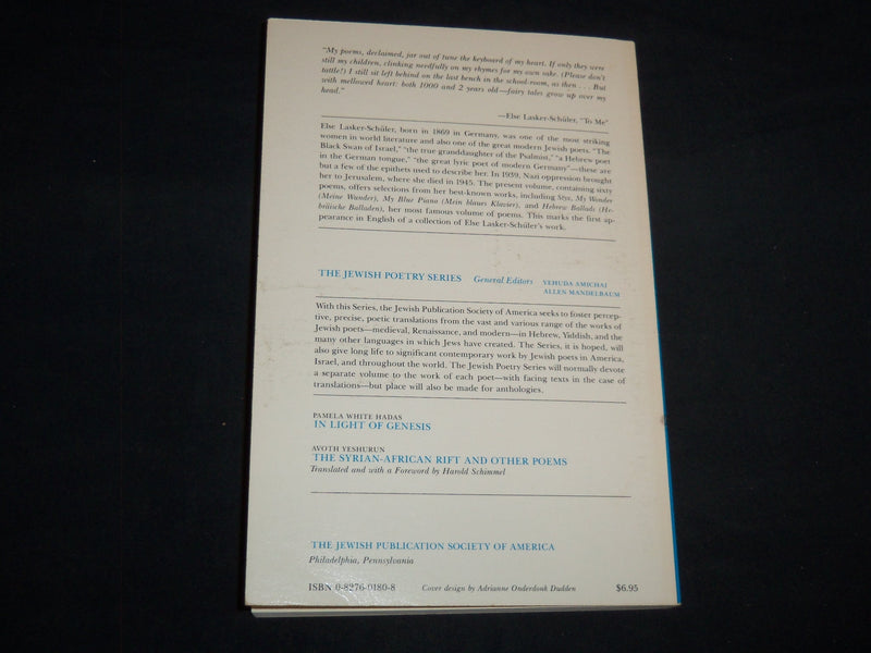 1980 HEBREW BALLADS AND OTHER POEMS BOOK BY ELSE LASKER-SHULER - J 8661