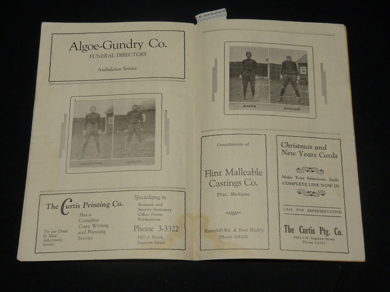 1929 G. M. TECH VS. ADRIAN COLLEGE FOOTBALL PROGRAM - NICE PHOTOS - J 5783