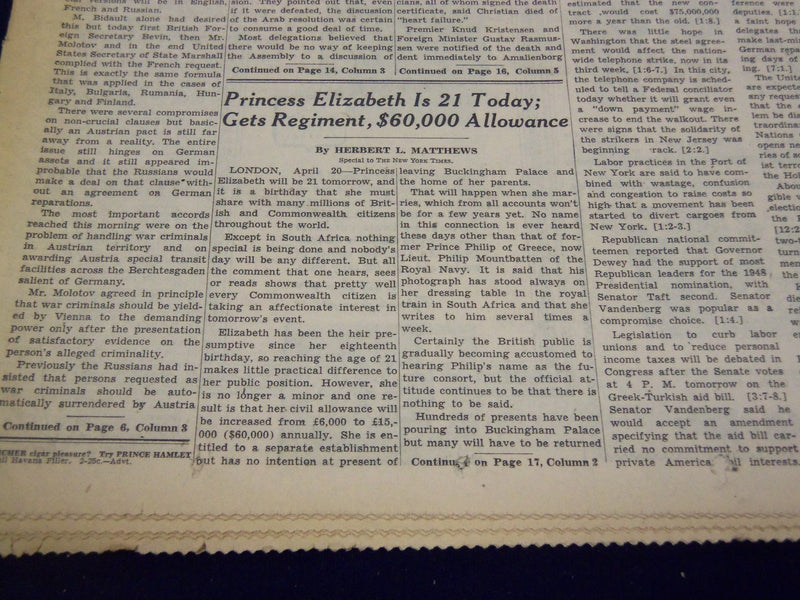 1947 APRIL 21 NEW YORK TIMES - PRINCESS ELIZABETH IS 21 TODAY - NT 3270