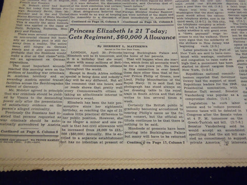 1947 APRIL 21 NEW YORK TIMES - PRINCESS ELIZABETH IS 21 TODAY - NT 3270