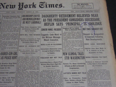 1924 MARCH 6 NEW YORK TIMES - DAUGHERTY RETIREMENT BELIEVED NEAR - NT 6809