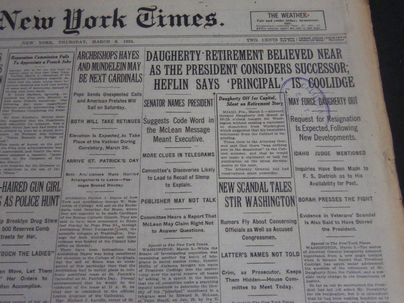 1924 MARCH 6 NEW YORK TIMES - DAUGHERTY RETIREMENT BELIEVED NEAR - NT 6809