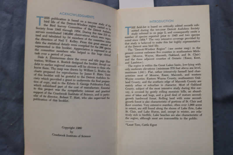 1960 FIELD LIST OF BIRDS OF THE DETROIT-WINDSOR REGION - SOFTCOVER BOOK - K 3227