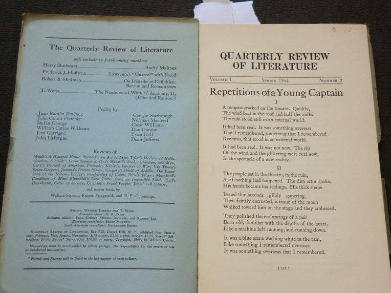 1944 SPRING QUARTERLY REVIEW OF LITERATURE MAGAZINE VOLUME 1 NO. 3 - J 6171