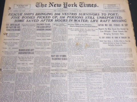 1928 NOVEMBER 14 NEW YORK TIMES - 206 VESTRIS SURVIVORS TO PORT - NT 6904