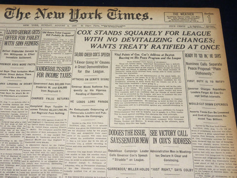 1920 AUGUST 8 NEW YORK TIMES - COX STANDS SQUARELY FOR LEAGUE - NT 8545