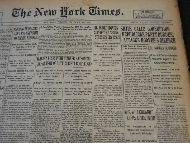 1928 SEPTEMBER 25 NEW YORK TIMES - SMITH ATTACKS HOOVER'S SILENCE - NT 6445