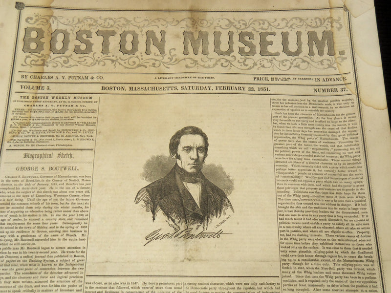 1851 FEBRUARY 22 BOSTON MUSEUM NEWSPAPER - GEORGE BOUTWELL - TURKISH - NP 9032