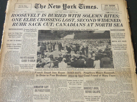 1945 APRIL 16 NEW YORK TIMES - ROOSEVELT IS BURIED WITH SOLEMN RITES - NT 6001
