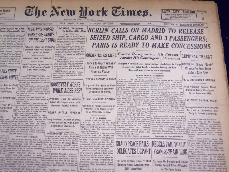 1936 DEC 27 NEW YORK TIMES - BERLIN CALLS ON MADRID TO RELEASE SHIP - NT 2100
