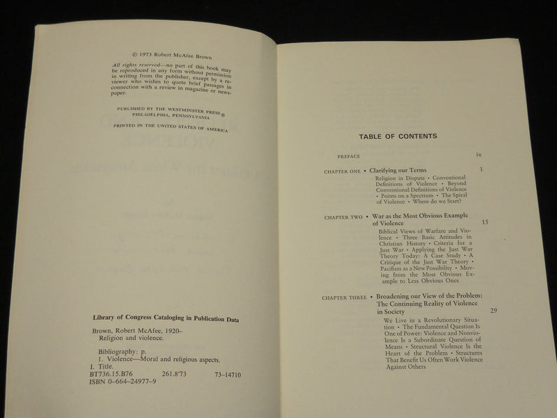 1973 RELIGION AND VIOLENCE BOOK INSCRIBED BY ROBERT MCAFEE BROWN - D 586