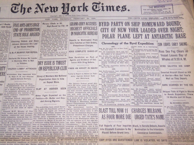 1930 FEBRUARY 20 NEW YORK TIMES - BYRD PARTY ON SHIP HOMEWARD BOUND - NT 4958
