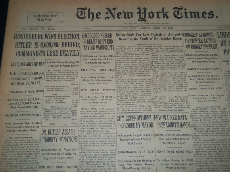 1932 APRIL 11 NEW YORK TIMES - HINDENBURG WINS ELECTION HITLER BEHIND - NT 7436