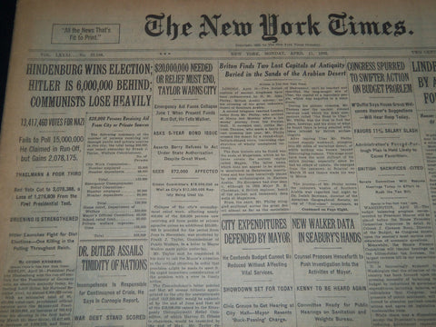 1932 APRIL 11 NEW YORK TIMES - HINDENBURG WINS ELECTION HITLER BEHIND - NT 7436