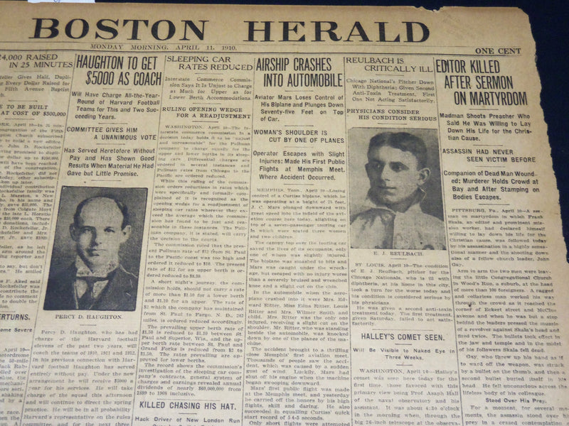 1910 APRIL 11 THE BOSTON HERALD NEWSPAPER - REULBACH IS CRITICALLY ILL - BH 400