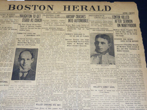 1910 APRIL 11 THE BOSTON HERALD NEWSPAPER - REULBACH IS CRITICALLY ILL - BH 400