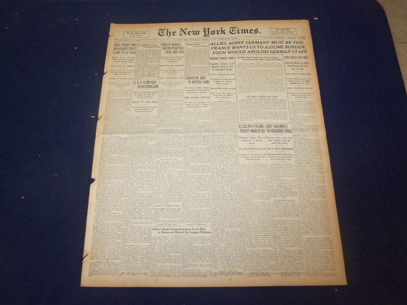 1919 MARCH 8 NEW YORK TIMES - ALLIES AGREE GERMANY MUST BE FED - NT 9269