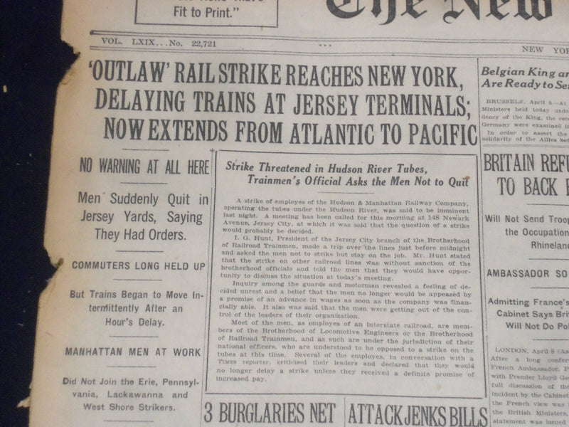 1920 APRIL 9 NEW YORK TIMES - RAIL STRIKE REACHES NEW YORK - NT 8285