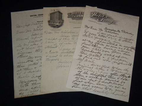 1919 PENNSYLVANIA HOTEL STATIONARY HANDWRITTEN LETTERS LOT OF 3 - J 8852