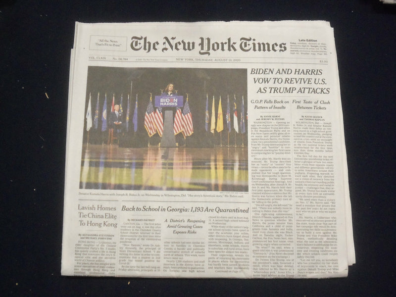 2020 AUGUST 13 NEW YORK TIMES-BIDEN & HARRIS VOW TO REVIVE U.S. AS TRUMP ATTACKS