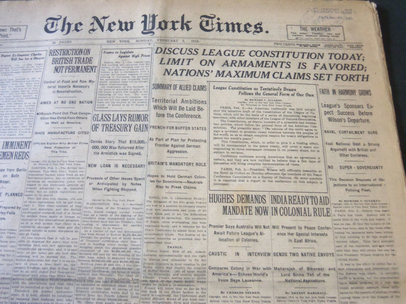 1919 FEBRUARY 3 NEW YORK TIMES - DISCUSS LEAGUE CONSTITUTION TODAY - NT 6195