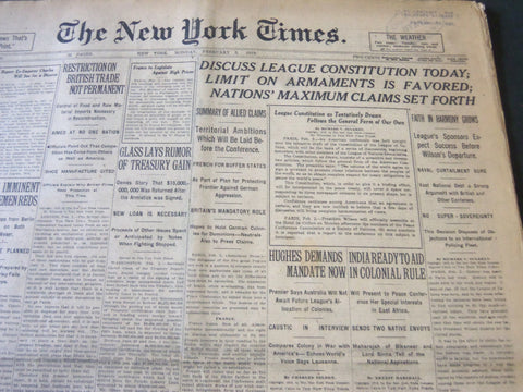 1919 FEBRUARY 3 NEW YORK TIMES - DISCUSS LEAGUE CONSTITUTION TODAY - NT 6195