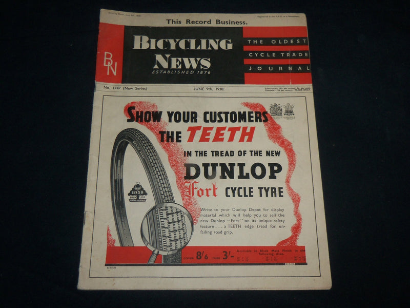 1938 JUNE 9 BICYCLING NEWS MAGAZINE - NICE ADS - SP 1212X