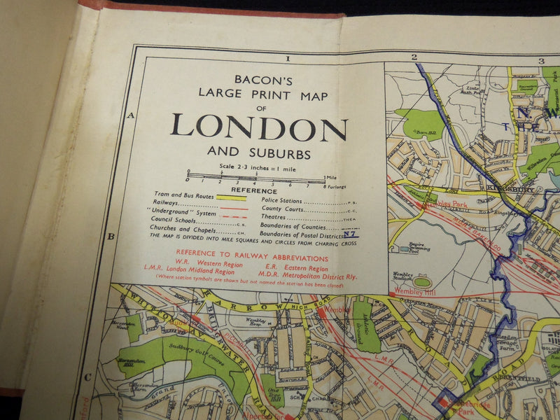 1940'S BACON'S LARGE PRINT MAP OF LONDON AND SUBURBS - LINEN BACKED - K 2022