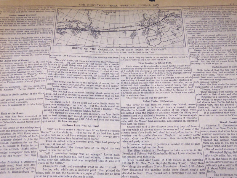 1927 JUNE 7 NEW YORK TIMES - FLIERS ARE RESTING 60 MILES FROM BERLIN - NT 5064