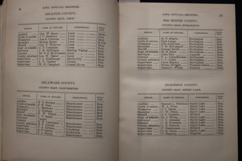 1898 IOWA OFFICIAL REGISTER - HARDCOVER BOOK - K 1771
