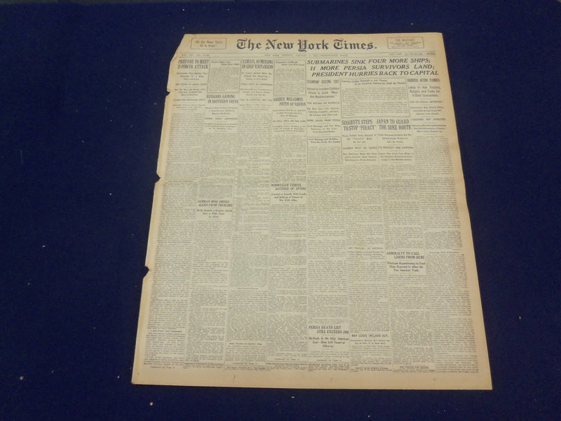 1916 JANUARY 4 NEW YORK TIMES - SUBMARINES SINK FORE MORE SHIPS - NT 9051