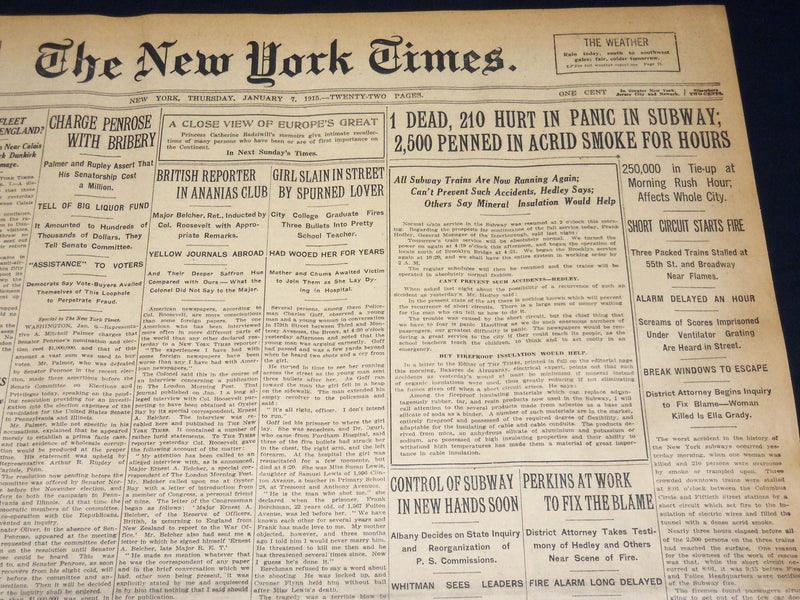 1915 JANUARY 7 NEW YORK TIMES - PANIC IN SUBWAY 1 DEAD 210 HURT - NT 7817
