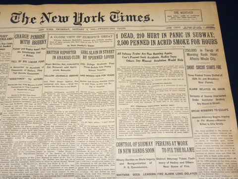 1915 JANUARY 7 NEW YORK TIMES - PANIC IN SUBWAY 1 DEAD 210 HURT - NT 7817