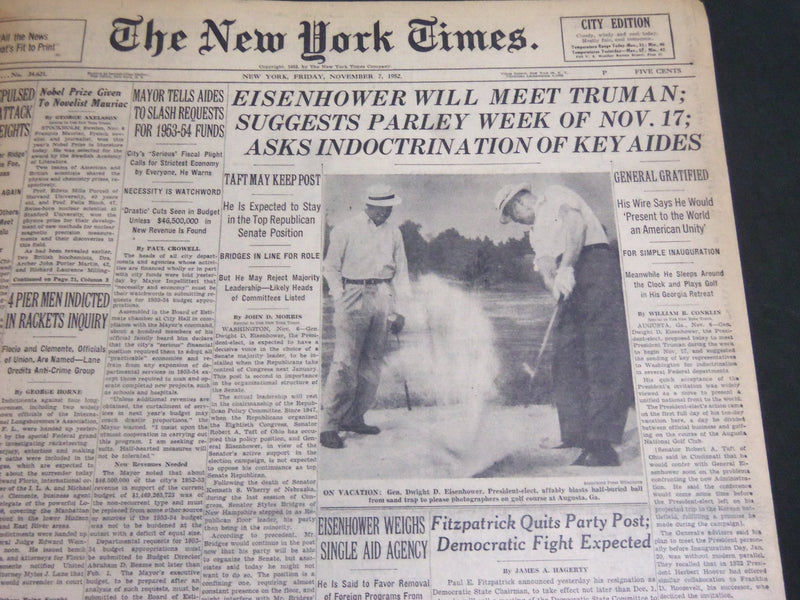 1952 NOVEMBER 7 NEW YORK TIMES - EISENHOWER WILL MEET TRUMAN - NT 7042