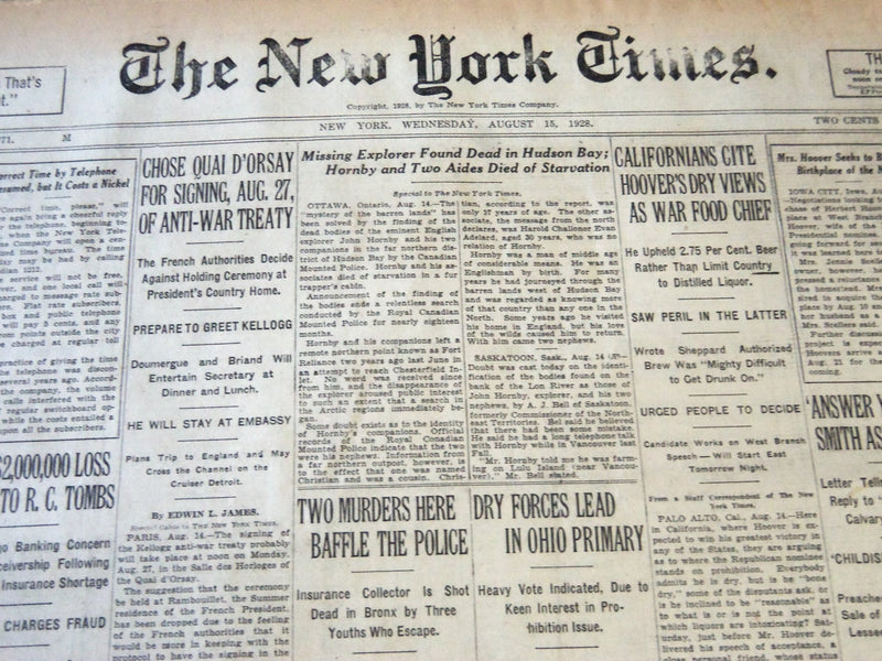 1928 AUGUST 15 NEW YORK TIMES - MISSING EXPLORE HORN BY FOUND DEAD - NT 6504