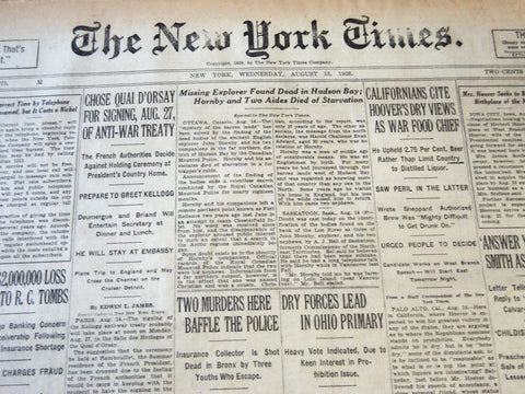 1928 AUGUST 15 NEW YORK TIMES - MISSING EXPLORE HORN BY FOUND DEAD - NT 6504