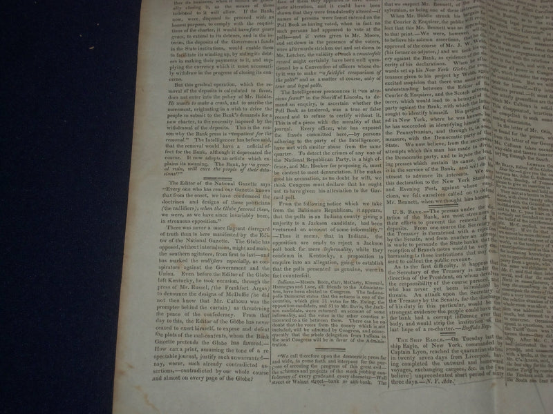 1833 SEPTEMBER 5 THE GLOBE NEWSPAPER - U.S. BANK - JACKSON - NP 5076