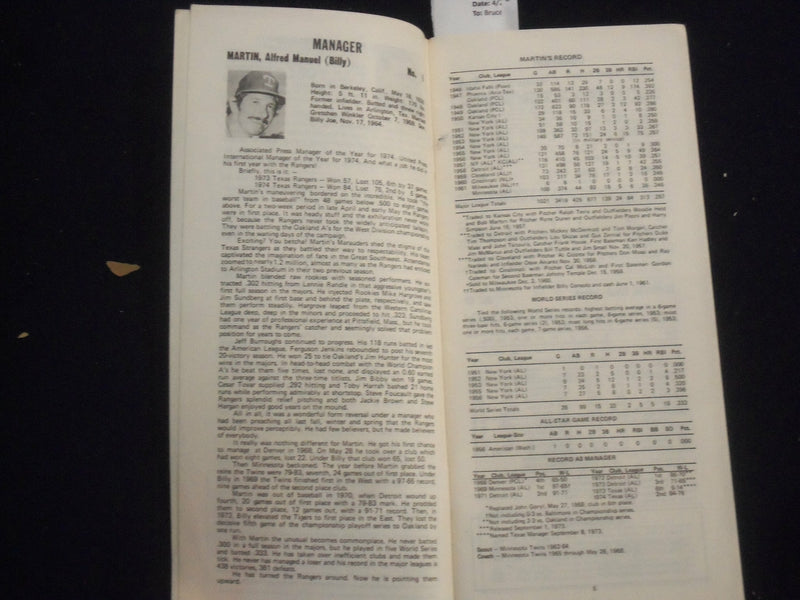 1975 TEXAS RANGERS MEDIA GUIDE - BILLY MARTIN - FERGIE JENKINS - J 5858
