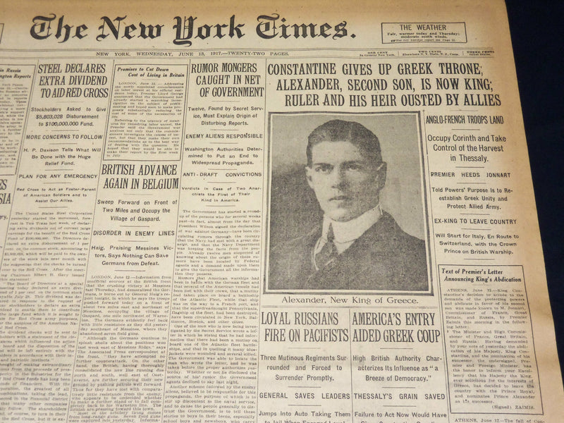 1917 JUNE 13 NEW YORK TIMES - CONSTANTINE GIVES UP GREEK THRONE - NT 7794