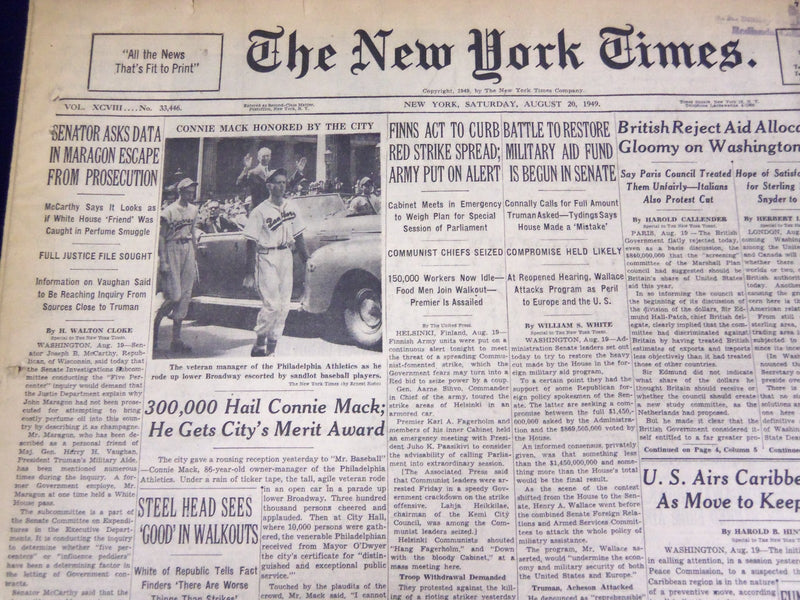 1949 AUG 20 NEW YORK TIMES - 300,000 HAIL CONNIE MACK, MERIT AWARD - NT 1509