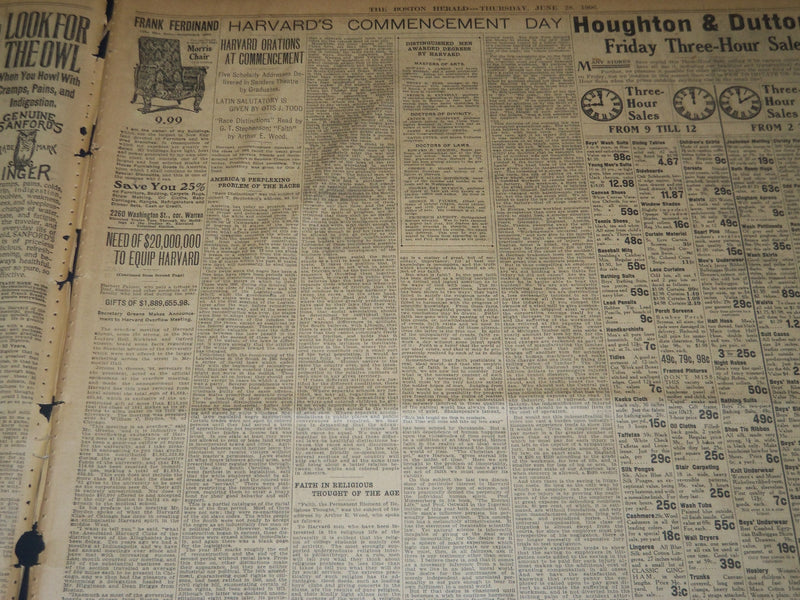 1906 JUNE 28 THE BOSTON HERALD - HARRY THAW SANE - HARVARD PARADE - BH 288